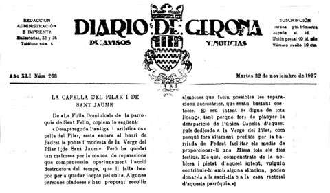 Muntatge de la capçalera i notícia publicada al Diario de Gerona del 22 de novembre de 1927