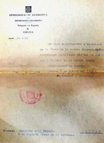 Expedient de legalització de l'establiment emès per la Generalitat l'1 de juliol de 1938
