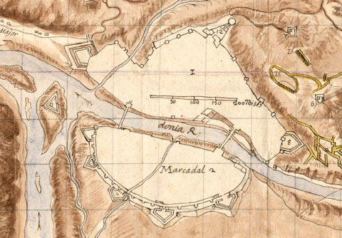 Detall de 'Plan de la ville de Gironne ses forts et redouttes, attaques et tranchées', 1694