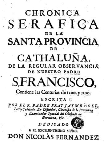 Portada de 'Chronica Serafica de la Santa Provincia de Cathalu&ntildea...'. 1738