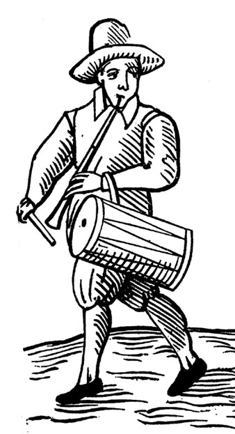 Músic tocant el tambor i la flauta. Gravat del segle XVI