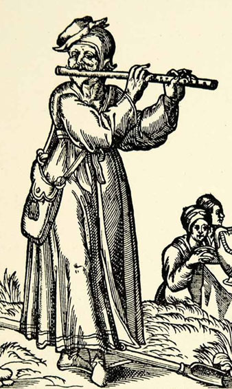 Músic amb una flauta. Detall d'un gravat del segle XVI