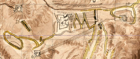 Detall de 'Plan de la ville de Gironne ses forts et redouttes, attaques et tranchées'. 1694