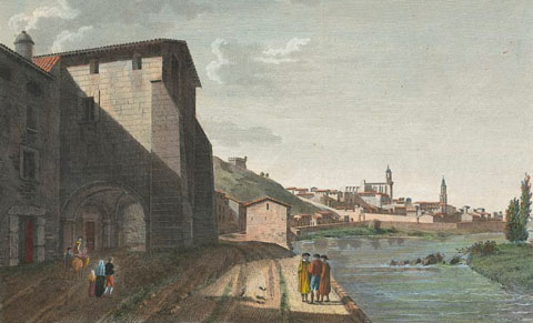 Vista de Girona des del barri de Pedret, amb l'arcada de l'església del Pilar en primer terme. 1806