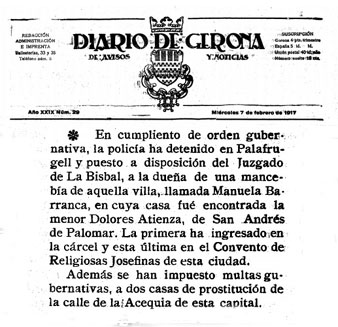 Premsa. Bordell al carrer de la Sèquia. Diario de Gerona, 7 de febrer de 1917