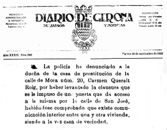 Premsa. Bordell al carrer d'en Mora. Diario de Gerona, 10 de novembre de 1925