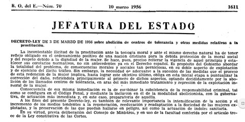 Decreto-ley de 3 de marzo de 1956 sobre abolición de centros de tolerancia y otras medidas relativas a la prostitución