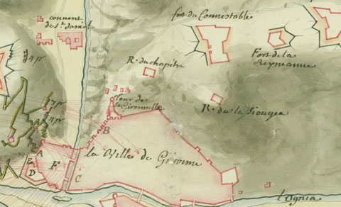 Detall de 'Plan des attaques de Gironne, depuis le 22 décembre que la tranchée a esté ouverte jusqu'au 23 janvier 1711 que la place s'est rendu'. 1711