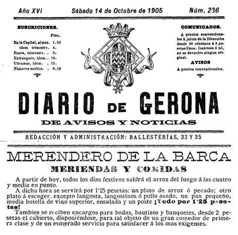 Composició de la capçalera del 'Diario de Gerona' del 14 d'octubre de 1905, amb l'anunci del merendero de la Barca