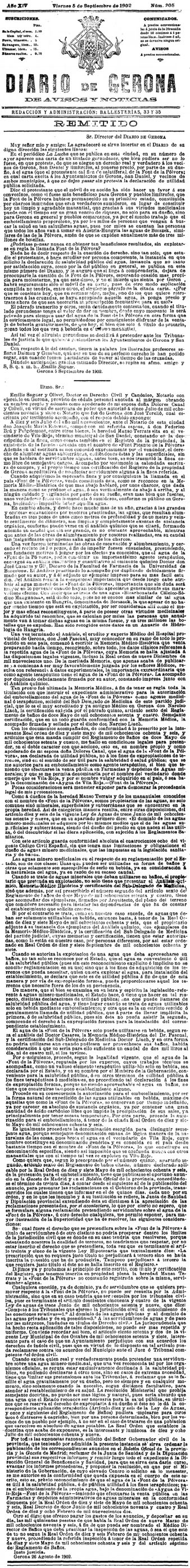 Article publicat al 'Diario de Gerona de avisos i notícias' del 5 de setembre de 1902, on es defensa l'explotació privada de l'aigua de la Font de la Pólvora, i s'hi exposen les obres de millora que s'hi han fet
