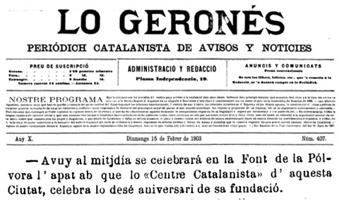 A la Font de la Pólvora també s'hi feien àpats. Notícia de 'Lo Geronés' del 15 de febrer de 1903