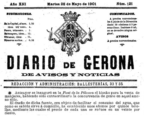 Notícia de la inauguració del quiosc de venda de queviures, publicada al 'Diario de Gerona de Avisos y Noticias' del 28 de maig de 1901