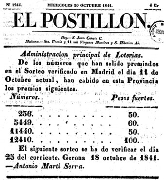 Resultat del sorteig de la Loteria de l'11 d'octubre de 1841 publicat al diari gironí 'El Postillón'