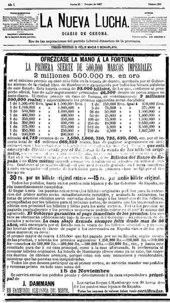 Anunci de loteria hamburguesa publicat al diari gironí 'La Nueva Lucha' el 25/10/1887