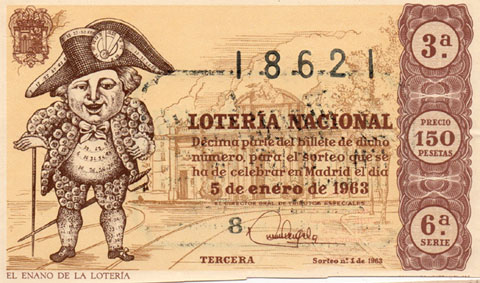 Dècim de la 'Loteria Nacional' del 5 de gener de 1963, amb un gravat del 'Nan de la Loteria'