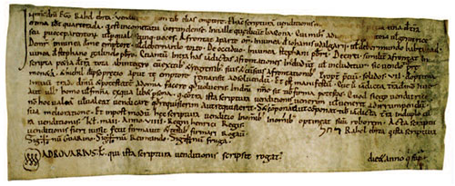 Document llatí amb la signatura de Rahel, jueva. 1047. Girona