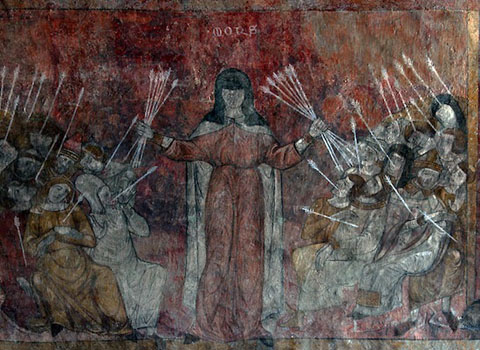 La Pesta Negra personificada en una dona que llença fletxes. Segle XIV. Fresc de l'abadia de Saint-André-de-Lavaudieu