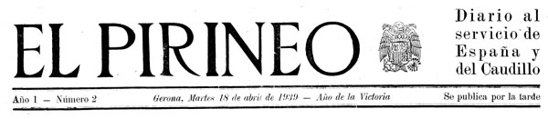 Capçalera del diari 'El Pirineo', editat a Girona entre 1939 i 1942