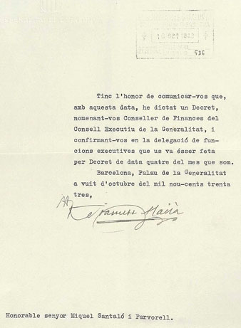 Francesc Macià Llussà a Miquel Santaló i Parvorell, des de Barcelona. 8 d'octubre de 1933. El nomena Conseller de Finances del Consell Executiu de la Generalitat
