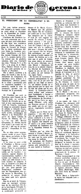 Notícia de la visita del President Macià a Girona publicada a 'Diario de Gerona de Avisos y Notícias' del 22 de juny de 1931