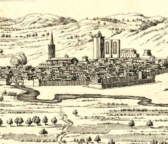Vista de Girona emmurallada amb els baluards. Detall de 'Siège de Gironne le 25 juin 1694'. 1694