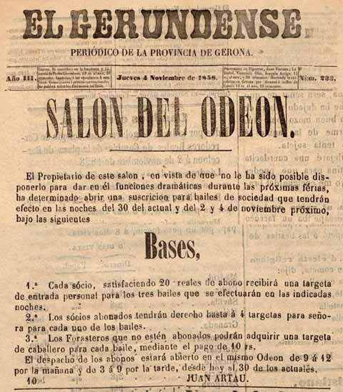 Anunci publicat al diari 'El Gerundense' del 4/11/1858