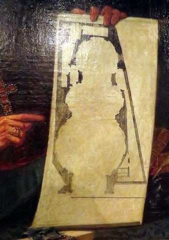 Detall del retrat del bisbe Tomàs de Lorenzana amb els plànols de la Capella de Sant Narcís