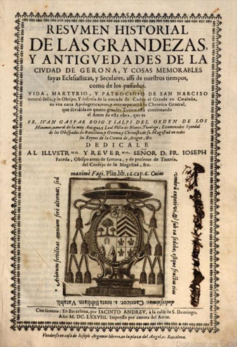 Portada de Resumen Historial de las Grandezas... de Roig i Jalpí en el que s'esmenta l'existència d'una capella dedicada a Sant Salvador a Torre Gironella