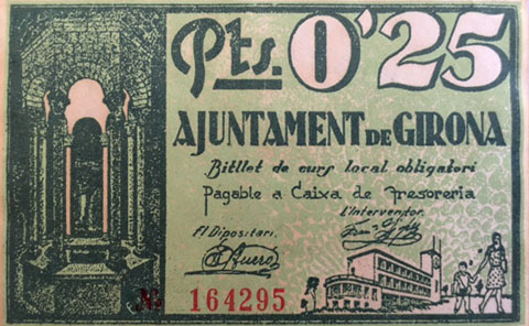 Paper moneda dibuixat per Eduard Fiol. Bitllet d'un ral que va circular a Girona entre 1937 i 1939