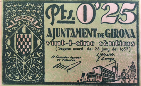 Paper moneda dibuixat per Eduard Fiol. Bitllet d'un ral que va circular a Girona entre 1937 i 1939