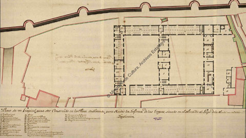 Plano de un hospital para ser construido en la plaza de Gerona para recibir los enfermos de las tropas, situado en el Mercadal al largo de la muralla, cerca del Molino. 1749
