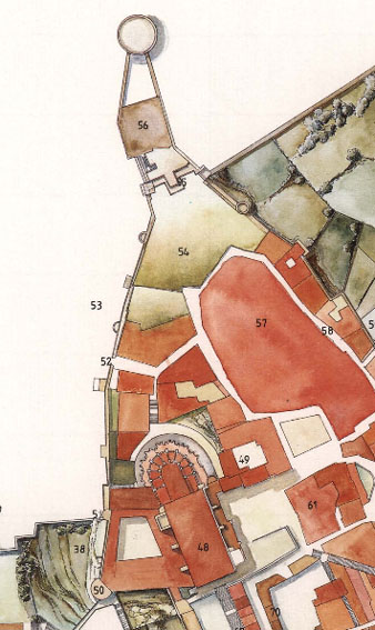 Girona l'any 1535. Amb el número 52 s'indica el portal de Sant Cristòfol i amb el 53 la capella del sant