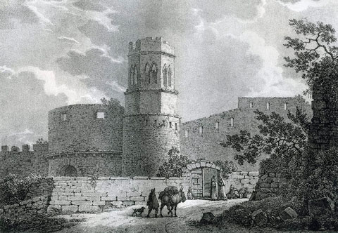 El monestir de Sant Pere de Galligants i el portal de Sant Pere o Sant Daniel, amb el tambor. S'observa la torre octogonal del campanar amb els merlets malmenats possiblement a causa dels atacs produïts als setges de la Guerra del Francès a la ciutat de Girona. 1824
