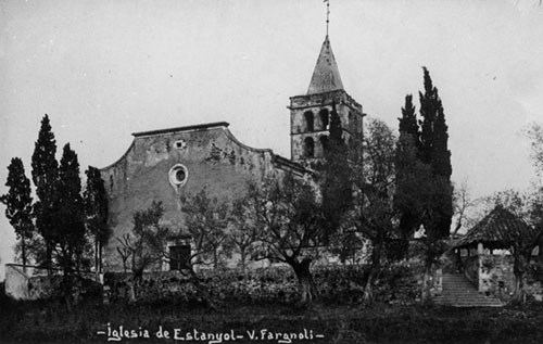 Església de Sant Andreu d'Estanyol. Vista de la façana i del campanar. 1911-1936