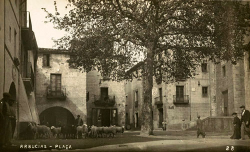 La plaça porxada d'Arbúcies amb l'arbre de la Llibertat. 1925-1935