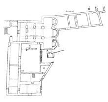 Plànol del conjunt monàstic conservat a nivell de la planta baixa, amb lesglésia, el pati del claustre i les dependències que lenvoltaven