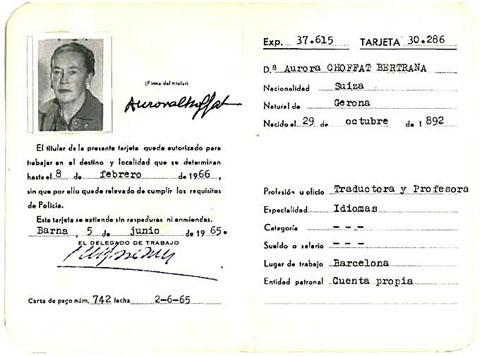 Targeta d'identitat professional d'Aurora Bertrana, 1965. Interior