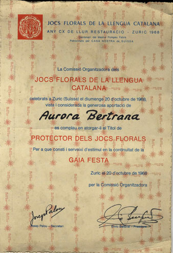 Títol de protectora dels Jocs Florals otorgat a Aurora Bertrana. 1968
