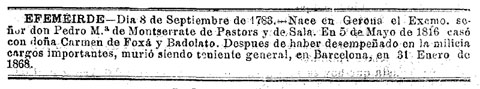 Efemèride del naixement de Pere de Pastors i de Sala