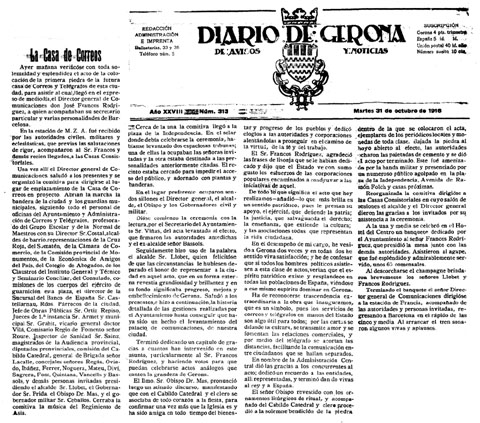 Muntatge de la capçalera i les columnes de la notícia de la col·locació de la primera pedra de l'edifici de Correus, al Diario de Gerona de avisos y noticias. 31 d'octubre de 1916