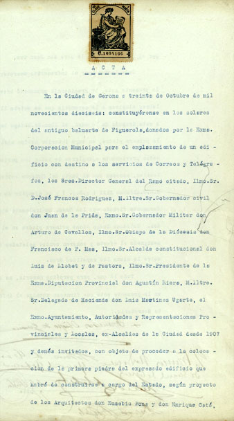 Acta de la col·locació de la primera pedra de l'edifici el 30 d'octubre de 1916