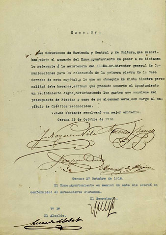 Comunicació de la comissions d'Hisenda i de Cultura per tal que es procedeixi a rebre amb dignitat al director general de Comunicacions, 23 d'octubre de 1916