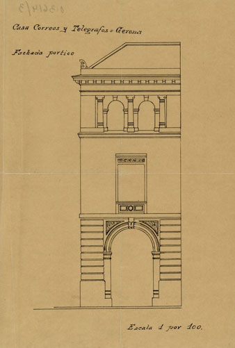 Plànol de la façana de la plaça de la Independència de l'edifici de Correus, 1916