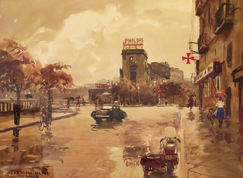 Dia de pluja a Girona. Cerver&iacute; Oliv&eacute; i Cabr&eacute;. 1959