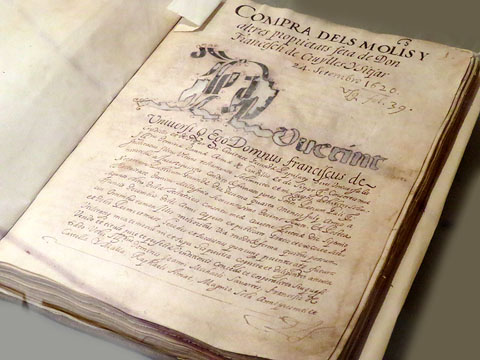 Acta de compra del domini &uacute;til de ls s&egrave;quia Monar i dels molins del Monar per part del municipi de Girona. Llibre d'actes del rec Monar. 24 de setembre 1620