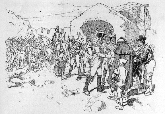 Entrada dels francesos pel portal de Figuerola, després de la capitulació de Girona, l'11 de desembre de 1809