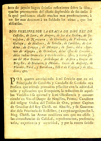 Don Adriano Mauricio Duque de Noailles, Par de Francia...No es mi animo hazer un manifiesto para empeñar a los catalanes a reducirse a la vida de obediencia a su legítimo rey... 1710