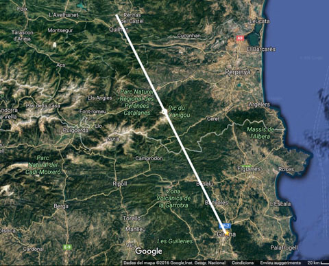 Situació de Girona i Rènnas del Castèlh en relació al pic del Canigó