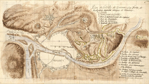 Plan de la Ville de Gironne, ses Forts et Redouilles avec les attaques et tranchées. 1694