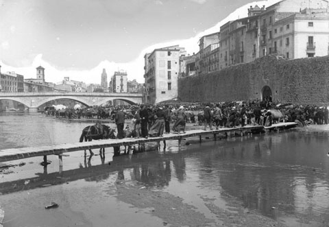 El mercat del bestiar a l'Areny, davant el tram de muralla del Pes de la Palla. Al centre, la palanca d'en Vila, que salvava el riu Onyar i comunicava el portal de l'Àngel, a la dreta, amb l'altre banda del riu. 1880-1890